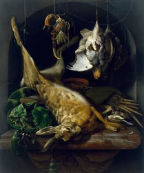 Stilleven met een dode haas, patrijzen en andere vogels in een nis, ca. 1675