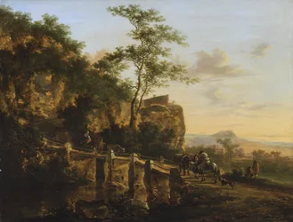 Dutch: Zuidelijk landschap met reizigers bij een brug (de Ponte Acquoria bij Tivoli) Mountain landscape with a bridge