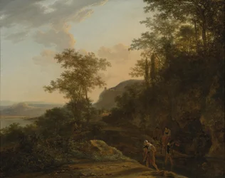 Zuidelijk landschap met reizigers bij een doorwaadbare plaats