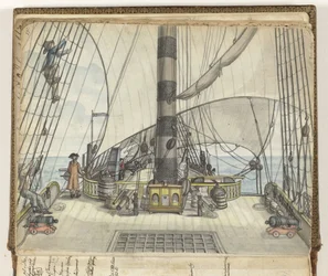 Dekzicht van een VOC-schip naar de grote mast