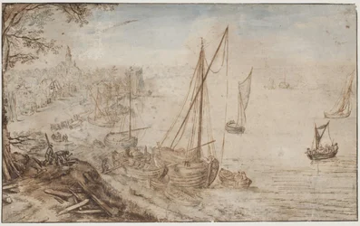 Rivierlandschap. Op de voorgrond een boot die wordt geladen en mannen die planken zagen