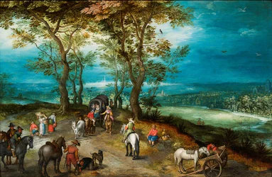 Een uitgestrekt landschap met paard en wagen en reizigers op een weg