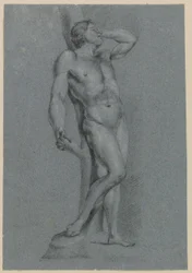 Mannelijk naakt, staand leunend tegen een boom