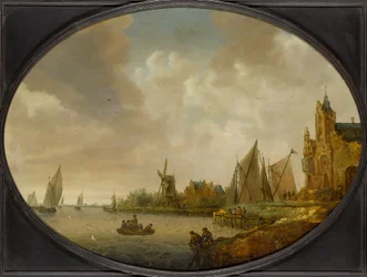 Rivierlandschap met een windmolen, een havengebouw en zeilschepen