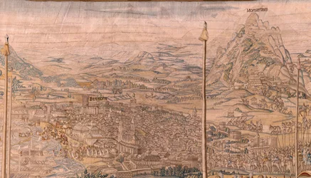 Troepeninspectie in Barcelona (La revista de las tropas en Barcelona). Tweede wandtapijt in de serie. 1543-1548.