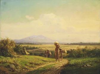 Dutch: Landschap en Javanen na de rijstoogst Javanese landscape after the rice harvest