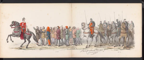 Maskerade van de Leidse studenten, 1865 (plaat 15) Gecostumeerde optogt gehouden door de leden van het Leidsche studenten-corps den 6den Junij 1865, ter viering van den 290sten verjaardag der Leidsche Hoogeschool, voorstellende: de intogt der Hollanders