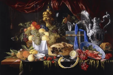 Een Taart op een Tin Bord, een Gedeeltelijk Geschild Citroen, een Zilveren Lepel op een Tin Bord, Kreeft en Garnalen in een Wanli Kraak Porselein Kom, 1649