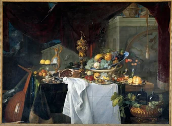 Een stilleven desserttafel bedekt met gerechten en een muziekinstrument. Schilderij door Jan David Heem (1606-1684) 1640