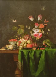 Stilleven van Fruit en Bloemen met een Papegaai op een Tafel bedekt met een Groene Doek