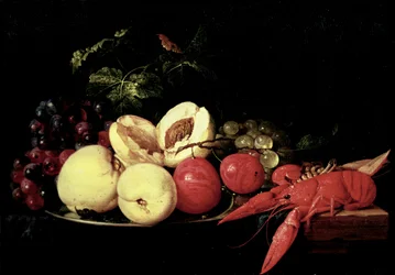 Stilleven van fruit met een kreeft