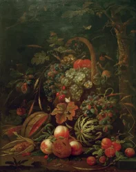 Stilleven met fruitmand, pompoen, meloen en perziken aan een eik