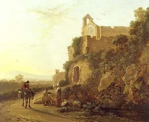 Italiaans landschap met figuren op een pad