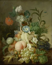Stilleven met bloemen en fruit