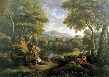 Landschap met figuren bij een put