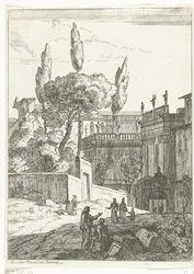 Italianiserend landschap met antieke gebouwen en figuren