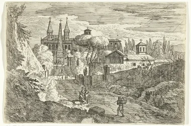 Italianiserend landschap met reizigers bij stadsmuren