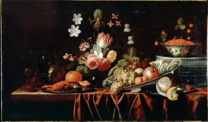 Stilleven met fruit, bloemen en rivierkreeft