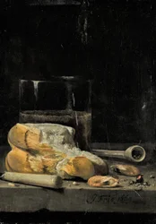 Stilleven van brood, garnalen, een pijp en een glas bier op een tafel