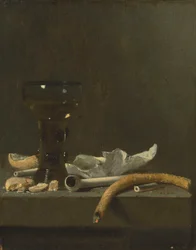 Stilleven met roemer, kleipijp en een brandende taper op een richel