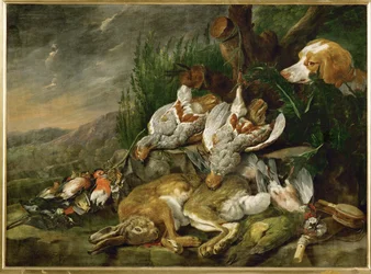 Hazen en hoenders gadegeslagen door een hond (schilderij op doek)