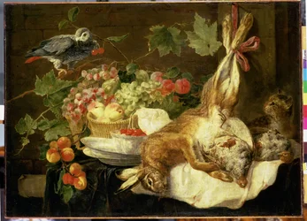 Stilleven met haas, fruit en papegaai, 1647