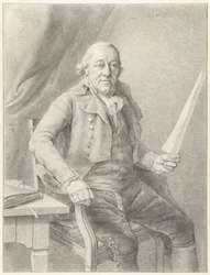 Portret van Reinier Vinkeles I, zittend in een stoel met een blad papier in de hand