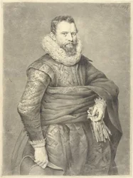 Portret van een man met handschoenen en hoed in de hand, naar rechts