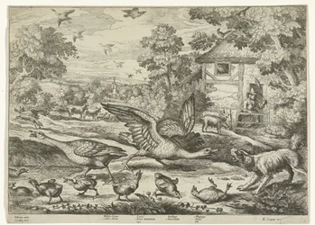 Landschap met twee ganzen die hun jongen verdedigen