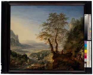 Uitgestrekt rivierlandschap met afgemeerde boten, figuurgroepen en een leger op mars