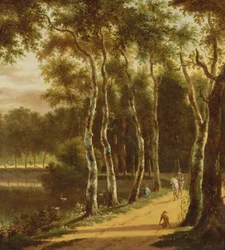 Een laan van berken langs een rivier