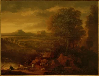 Zuidelijk landschap met herders, kudde en jachtscène