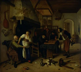 Interieur van een herberg met een oude man die zich amuseert met de waardin en twee mannen die backgammon spelen