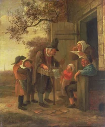 Een marskramer die brillen verkoopt buiten een huisje, c.1650-53