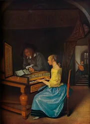 Een jonge vrouw speelt klavecimbel voor een jonge man, 1659