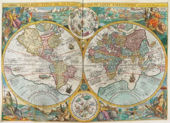 Itinerarium. Wereldkaart met kostuums, inboorlingen, schepen, planten en dieren, 1644