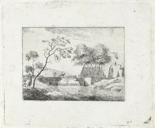 Landschap met brug en boerderij