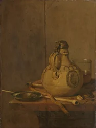 Stilleven met steengoedkruik en pijpen