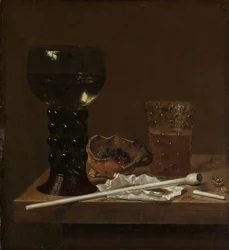 Stilleven met roemer, bierglas en een pijp