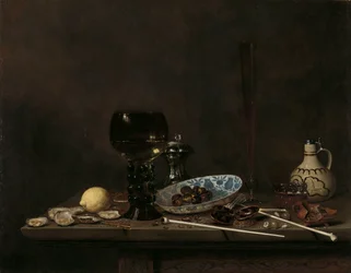 Stilleven met Roemer, fluitglas, aardewerken kruik en pijpen