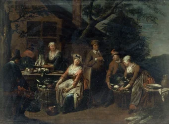 Een groep boeren, groenten en fruit