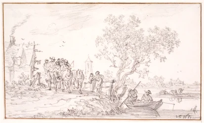 Een wagen met reizigers bij een herberg