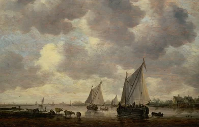 Een Kanaal in Nederland, of Twee Grote Zeilschepen en Vee bij een Rivier