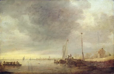 Landschap met rivier en veerboot