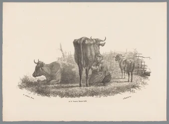 Melkende boerin, twee koeien en een ram (serie: Beesten Studien door J. Kobell naar Paul Potter Nr. 1)