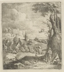Landschap met een dorp en twee mannen bij een boom