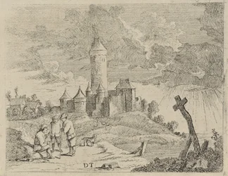 Landschap met kasteel en drie mannen