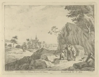 Landschap met reizigers en herders