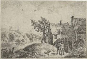 Twee mannen met een hond in een landschap