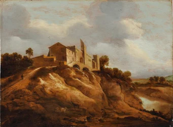Een rotsachtig landschap met een versterkt kasteel dat uitkijkt over een rivier